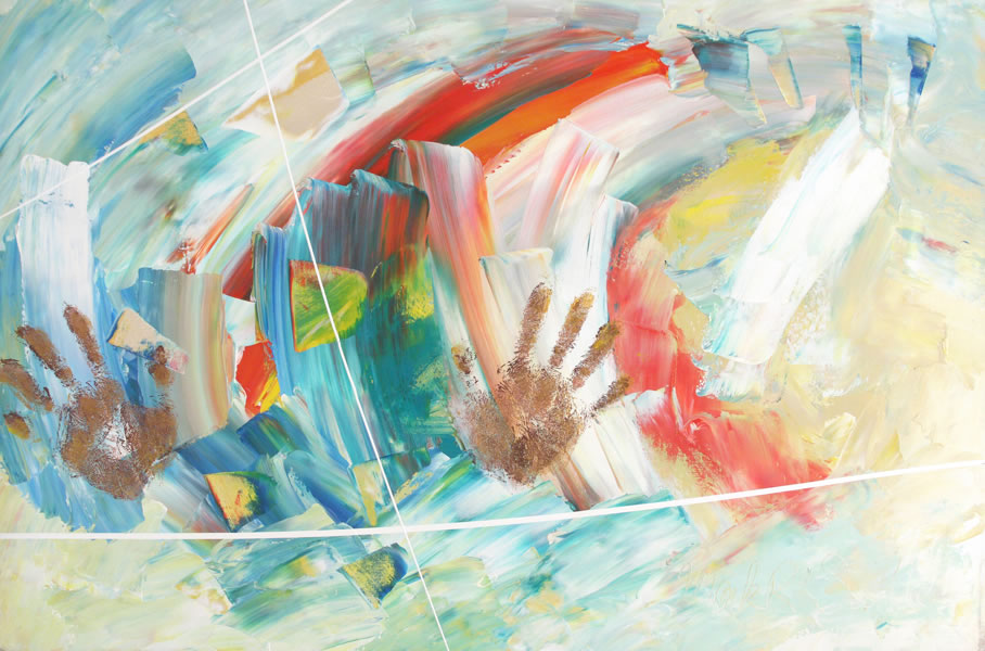 Two Hands #1, an abstract painting inspired by a quote by Mother Teresa. Painting copyright Mark Dahle 1994.